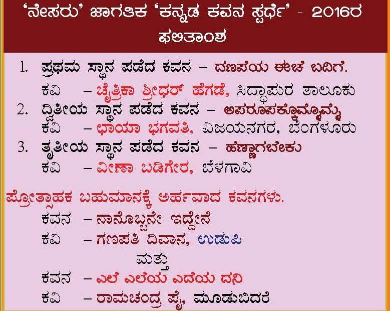 "NESARU JAGATIKA KAVANA COMPETITION WINNERS"